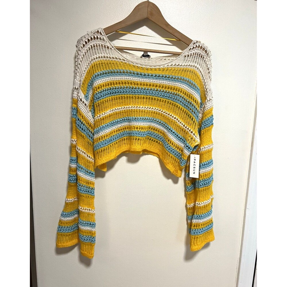 NWT LA Hearts PacSun Striped Open Knit Cropped Sweater Yellow Blue Size Medium